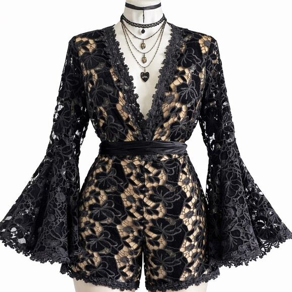 VENUS Pants - Whimsigoth Black Lace Velvet Super Bell Sleeve Romper Vampire Dark Romantic